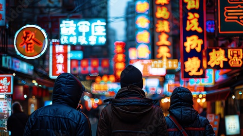 1980s neon-lit cityscape, glowing signs, people in shoulder-padded jackets walking down the street, VHS grain effect, cyberpunk vibes photo