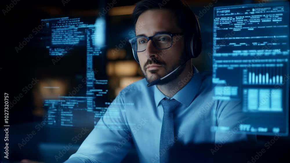Man Wearing Headset Working with Digital Interface Display from Inside Computer Screen in Office Setting Man Wearing Headset Working with Digital Interface Display from Inside Computer Screen in Office Setting