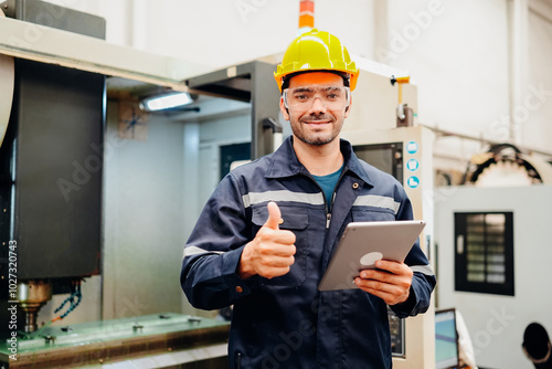 Professional Engineering of modern factory checking  to automatic machinery. Engineering with clipboard Programmable Logic Controller to manage large machine working full automatic.