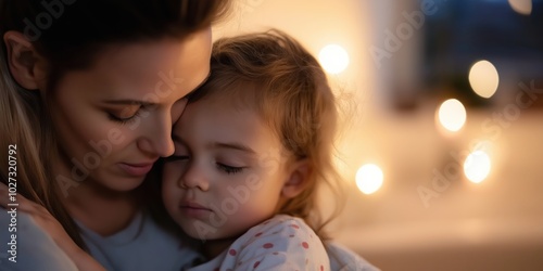 A mother tenderly holds her sleeping daughter in a soft-lit room, encapsulating warmth, love, and the peaceful bond shared between them in this intimate moment. photo