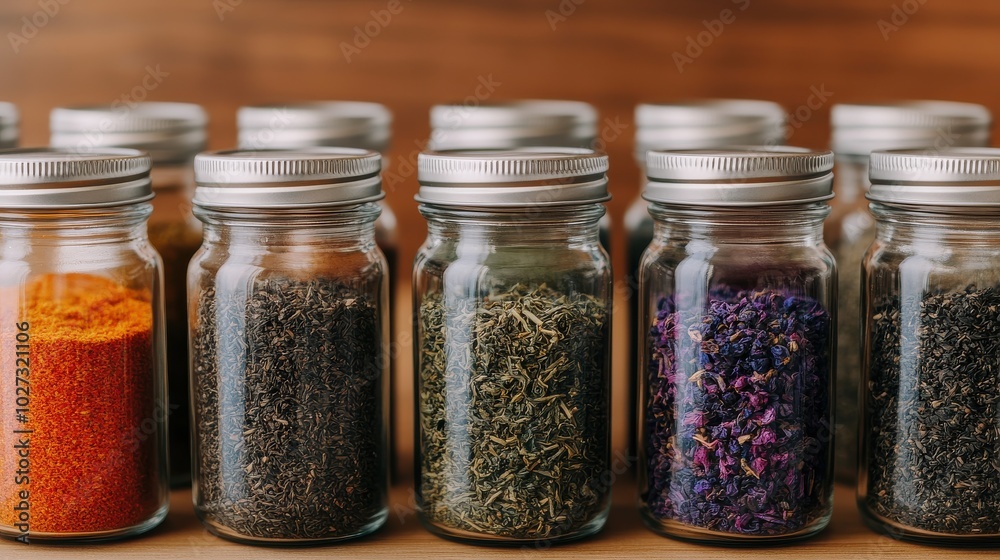 Assorted spices and herbs in glass jars on wooden surface Assorted spices and herbs in glass jars on wooden surface