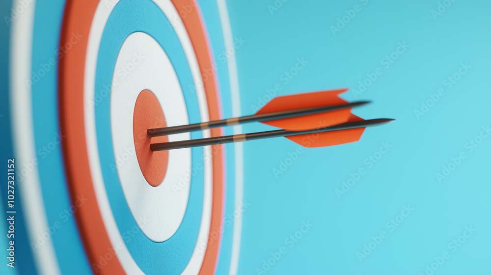 3D rendering of arrows hitting the center target on a blue and white background, representing success in business or customer acquisition goals. 3D rendering of arrows hitting the center target on a blue and white background, representing success in business or customer acquisition goals.