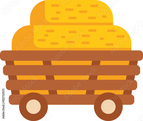 This colorful icon depicts a simple wooden cart transporting hay bales, perfect for illustrating farming and agriculture