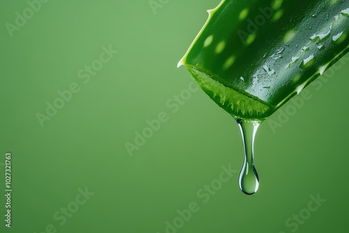 Aloe vera leaf with fresh gel and dripping water on green background photo