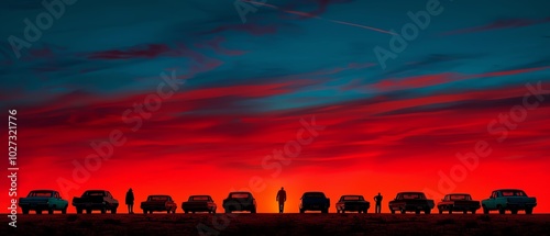 Classic drive-in movie, cars lined up facing the big screen, silhouettes of people in vintage outfits enjoying the show, twilight sky