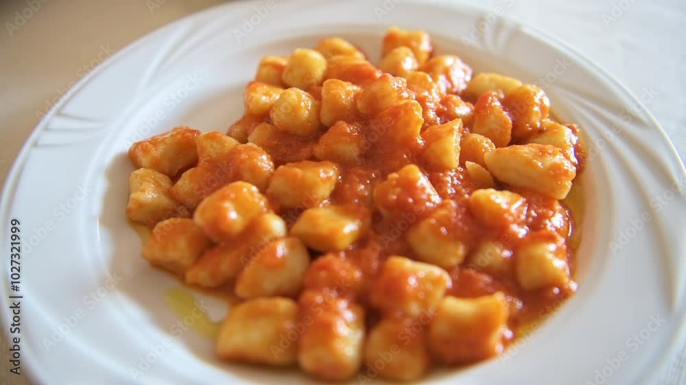 Ungra macaroni homemade potato gnocchi dumplings in tomato basil sauce with olive oil, Sardinian traditional restaurant pasta, Sardinia, Italy