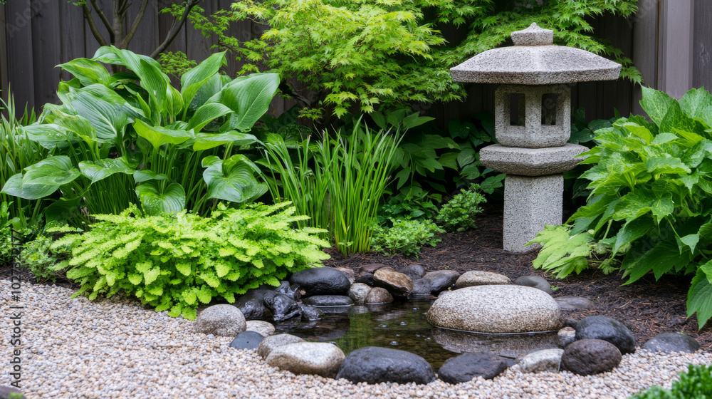 A peaceful Zen garden featuring a traditional stone lantern, lush green plants, a small rock-lined pond, and a gravel path, creating a serene atmosphere.
