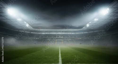 Foggy stadium with an empty green field