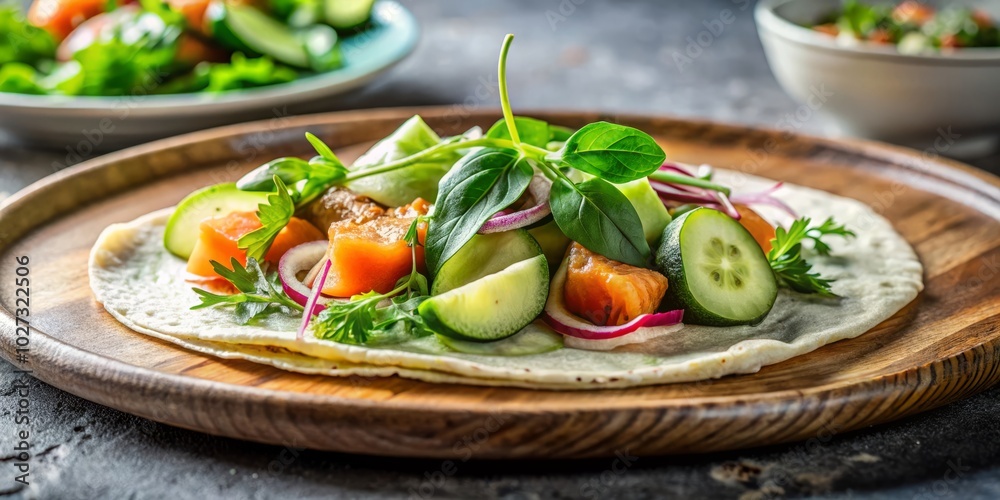 Delight in a minimalist Italian wrap filled with smoked salmon, served elegantly on a Nordic design plate, paired with creamy avocado dip for a refreshing experience. Delight in a minimalist Italian wrap filled with smoked salmon, served elegantly on a Nordic design plate, paired with creamy avocado dip for a refreshing experience.