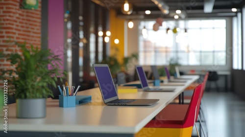 Bright and colorful shared workspace featuring a row of laptops, vibrant chairs, and office plants in a contemporary setting. photo