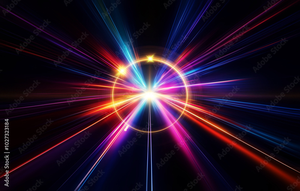 Abstract digital art with colorful streaks of light radiating from the center against a dark background. Abstract digital art with colorful streaks of light radiating from the center against a dark background.