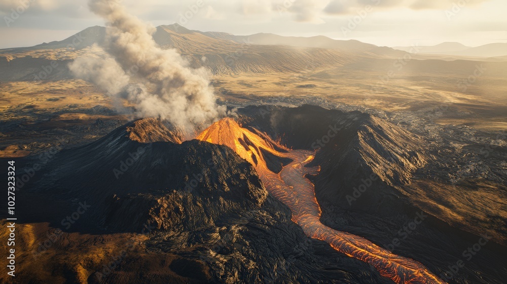Naklejka premium Majestic Volcanic Landscape at Sunset with Dramatic Clouds