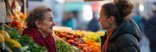 A lively market scene featuring a vendor engaged in friendly conversation with a customer, surrounded by a vibrant array of fruits and produce, exuding warmth and community. photo