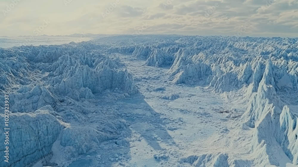 Fototapeta premium Vast Frozen Landscape: An Icy Wonderland of Majestic Glaciers and Towering Snow-Capped Peaks