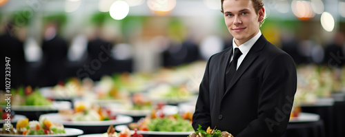 Young catering staff member serving elegant dishes at a formal event in a beautifully arranged banquet hall