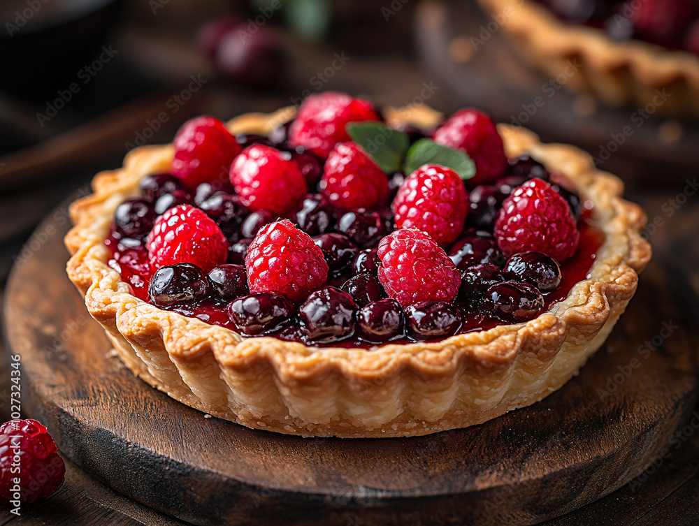 a delicious dessert with a flaky crust topped with fresh berries, including both blueberries and raspberries. a delicious dessert with a flaky crust topped with fresh berries, including both blueberries and raspberries.