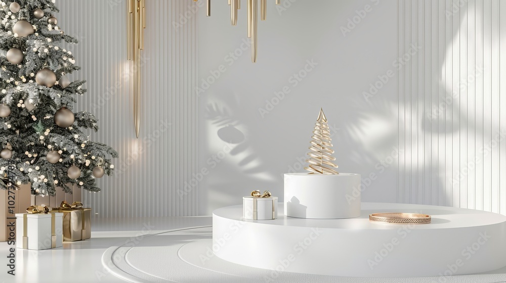 white podium with Christmas tree and golden decoration. white podium with Christmas tree and golden decoration.