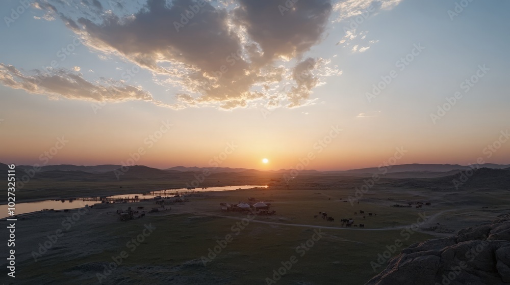 Obraz premium Breathtaking Sunset Over Rolling Hills and a Serene Lake