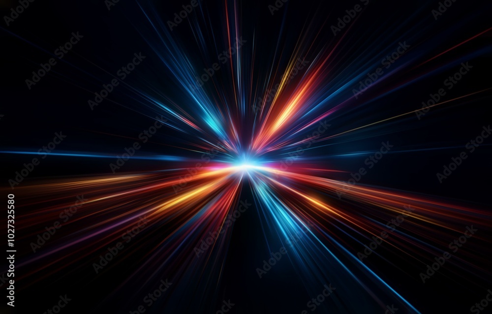 Abstract image of radiating colorful lines converging towards a white light in a dark background. Abstract image of radiating colorful lines converging towards a white light in a dark background.