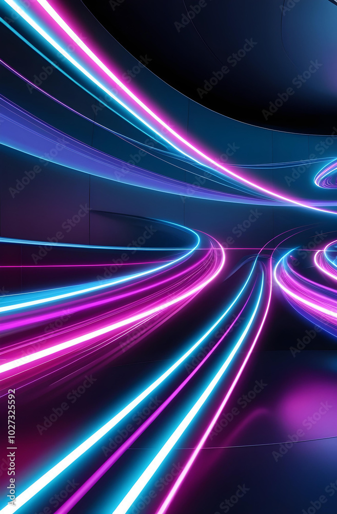 Futuristic Neon Light Streaks in Abstract Curved Tunnel. Speed and Motion, Connectivity.