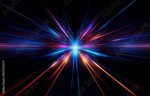 Abstract background with colorful streaks of light converging towards a bright point.