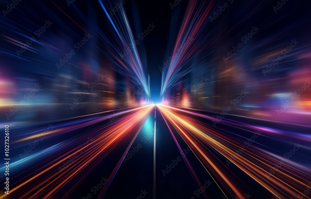 Abstract image of a highway with bright colored streaks of light converging in the distance Abstract image of a highway with bright colored streaks of light converging in the distance