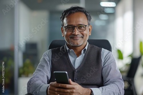 Smiling businessman with glasses holding a smartphone in a modern office setting
