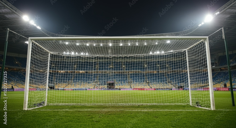 Fototapeta premium Soccer Goal on a Green Field with Lights