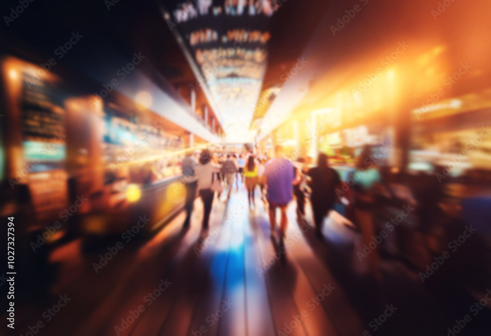 A blurred image of a crowded hallway in a modern building. A blurred image of a crowded hallway in a modern building.