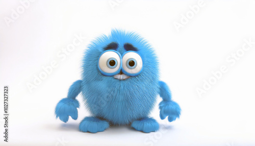 Adorable blue monster with big eyes, standing on a white background. Its fluffy texture and innocent expression create a heartwarming scene.