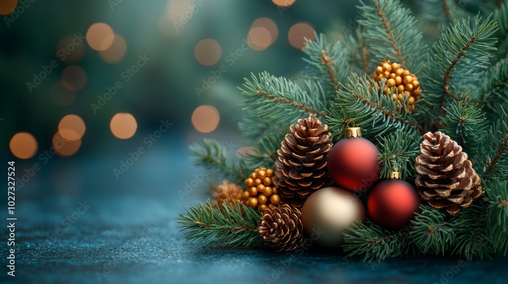 Christmas tree with red and golden baubles and lights bokeh background. Space for text. Copy space. Greeting card. Christmas tree with red and golden baubles and lights bokeh background. Space for text. Copy space. Greeting card.