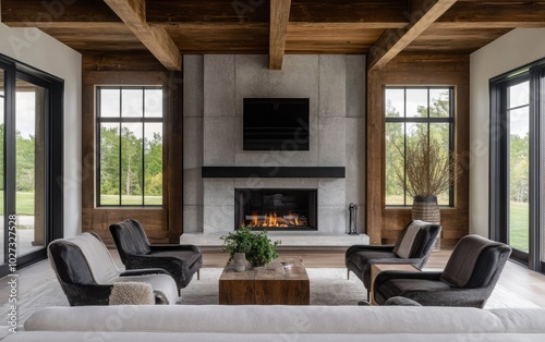 Zoomed-out view from the entrance, offering a full perspective of the modern living room with the fireplace and two chairs as the centerpiece. 