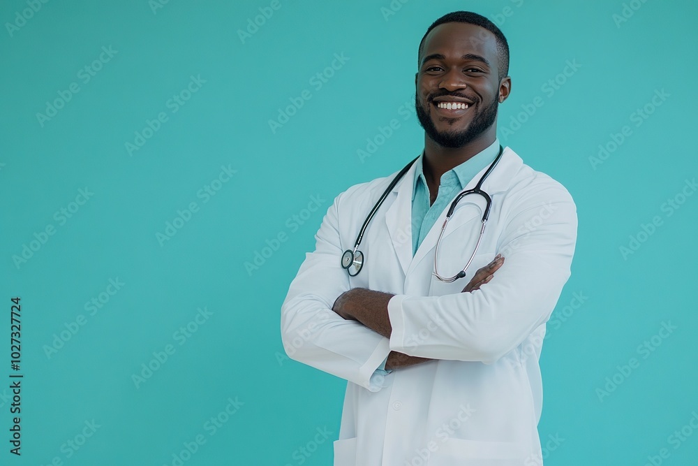Smiling male doctor in a white coat with a stethoscope, confidently standing with arms crossed against a blue background Smiling male doctor in a white coat with a stethoscope, confidently standing with arms crossed against a blue background