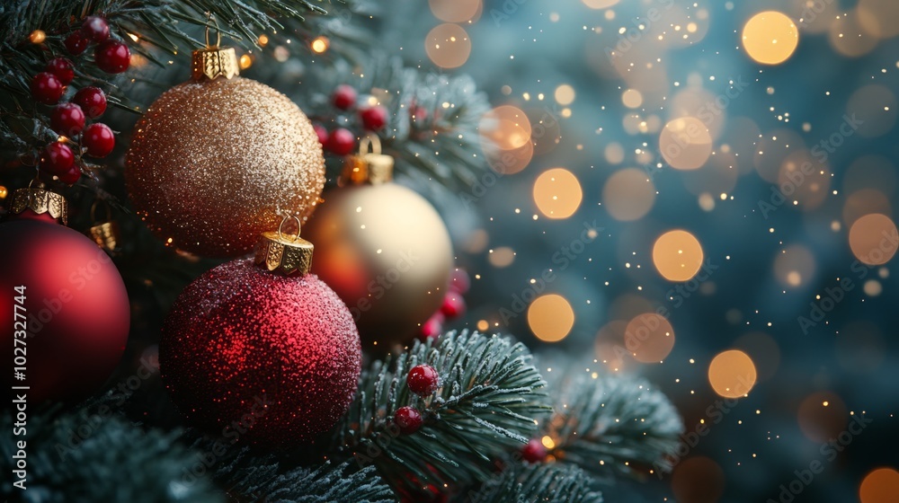 Christmas tree with red and golden baubles and lights bokeh background. Space for text. Copy space. Greeting card.