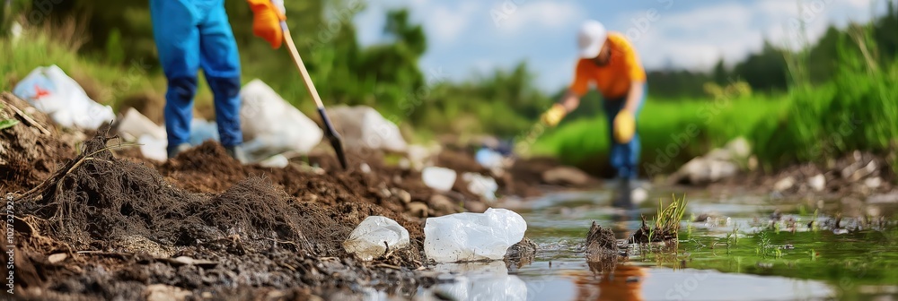 Naklejka premium Two workers, wearing gloves and boots, actively engaged in cleaning a polluted riverbank, illustrating the themes of environmental responsibility and community service.
