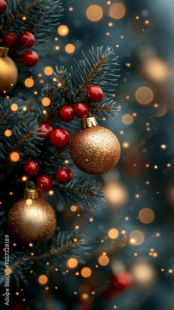 Christmas tree with red and golden baubles and lights bokeh background. Space for text. Copy space. Greeting card. Christmas tree with red and golden baubles and lights bokeh background. Space for text. Copy space. Greeting card.