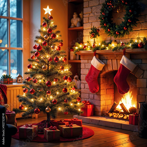 An indoor winter setting, with a beautiful christmas tree decorated with ornaments and twinkling lights, a fireplace with hanging stockings, and colorful presents. A festive and warm christmas atmosph