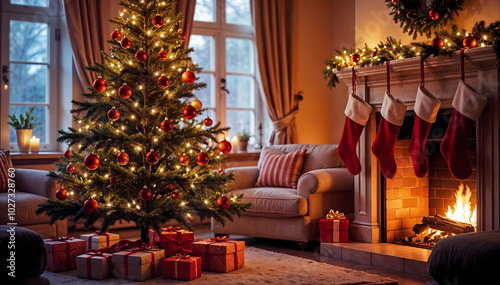 An indoor winter setting, with a beautiful christmas tree decorated with ornaments and twinkling lights, a fireplace with hanging stockings, and colorful presents. A festive and warm christmas atmosph