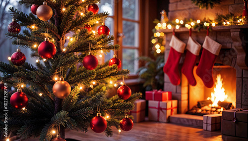 An indoor winter setting, with a beautiful christmas tree decorated with ornaments and twinkling lights, a fireplace with hanging stockings, and colorful presents. A festive and warm christmas atmosph photo