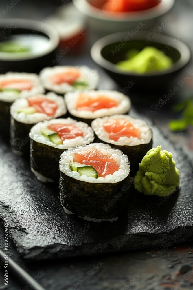 Fresh salmon sushi rolls with cucumber served on a slate plate with wasabi Fresh salmon sushi rolls with cucumber served on a slate plate with wasabi