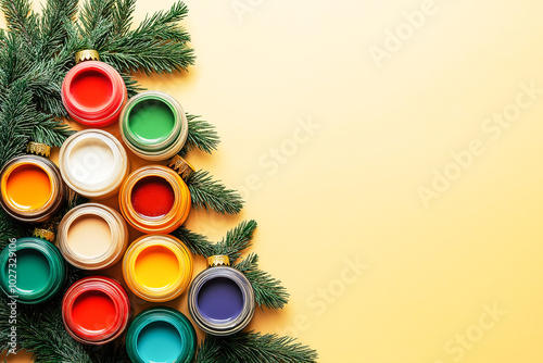 Multi-colored jars with gouache paint in the shape of a Christmas tree on yellow background, place for text