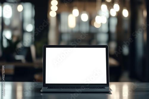 A blank white screen of an open laptop placed on the table in front view with a blurred background, a concept for displaying images or text. The scene is set against a blurry office interior backdrop.