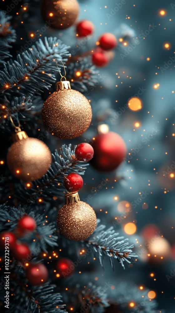 Christmas tree with red and golden baubles and lights bokeh background. Space for text. Copy space. Greeting card. Christmas tree with red and golden baubles and lights bokeh background. Space for text. Copy space. Greeting card.