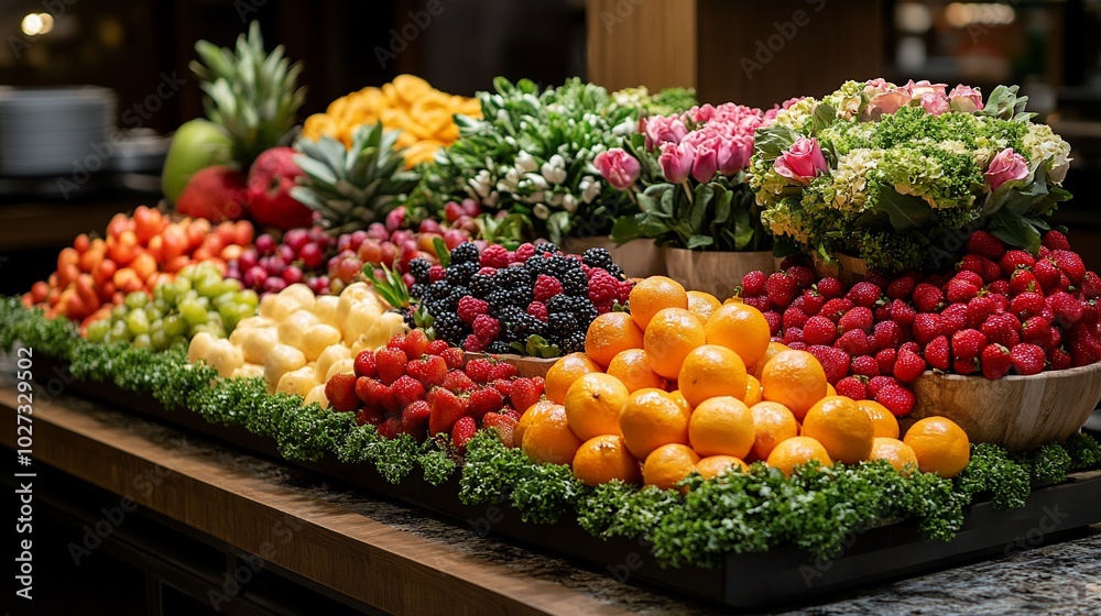 A vibrant display of assorted fruits and flowers arranged for a buffet or event. A vibrant display of assorted fruits and flowers arranged for a buffet or event.
