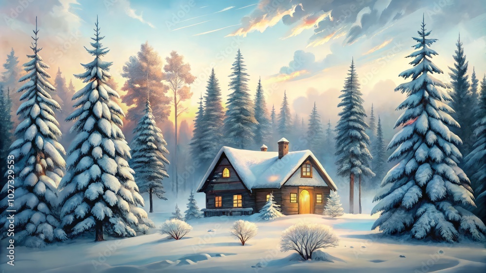 Fototapeta premium Experience the charm of Christmas with this hand-drawn watercolor postcard featuring a Scandinavian winter house, perfect for holiday decor and warm festive greetings.