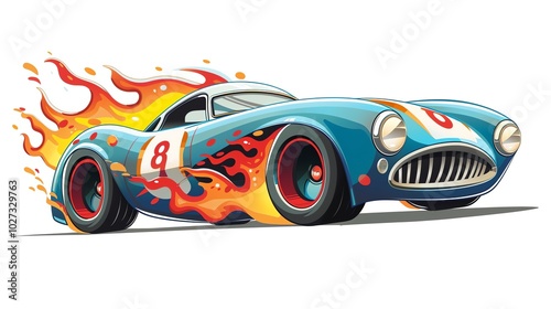 Cartoon illustration of a blue race car on fire with number 8 on the side.