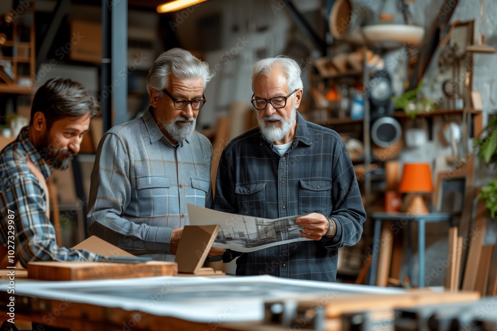 Three older men gather in a cozy workshop, examining blueprints and discussing ideas, showcasing collaboration and creativity in design Three older men gather in a cozy workshop, examining blueprints and discussing ideas, showcasing collaboration and creativity in design