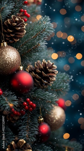 Christmas tree with red and golden baubles and lights bokeh background. Space for text. Copy space. Greeting card.