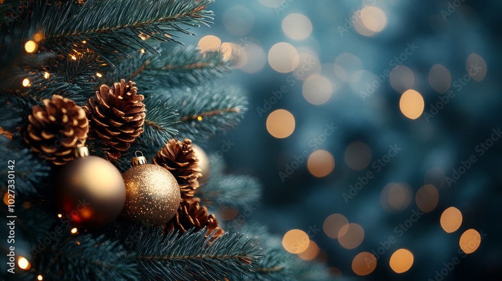 Christmas tree with red and golden baubles and lights bokeh background. Space for text. Copy space. Greeting card. Christmas tree with red and golden baubles and lights bokeh background. Space for text. Copy space. Greeting card.