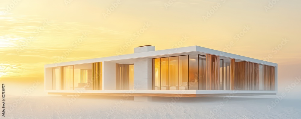 Detailed illustration of a modern house with white walls, wood accents, and large windows under the golden sunset Fog surrounds the structure Detailed illustration of a modern house with white walls, wood accents, and large windows under the golden sunset Fog surrounds the structure
